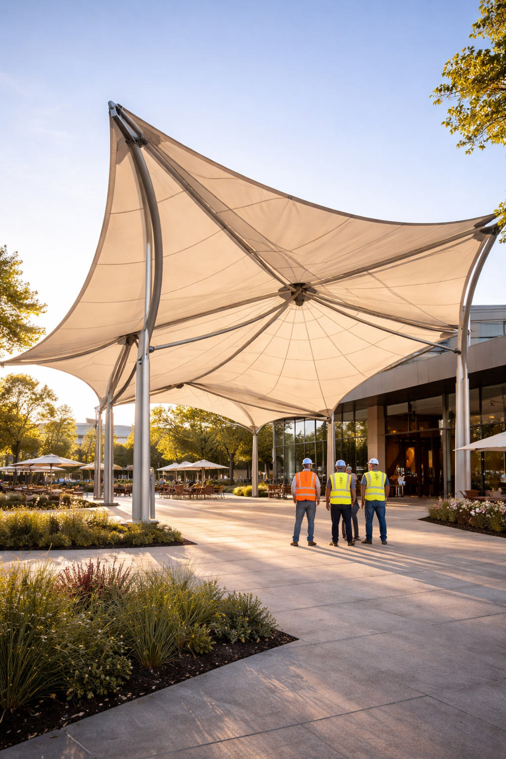 Installed tensile fabric structure by Outdoor Structures